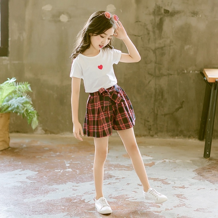 

Girls Short-sleeved Blouse + Culottes Two-piece Suit (Color:White Size:130)