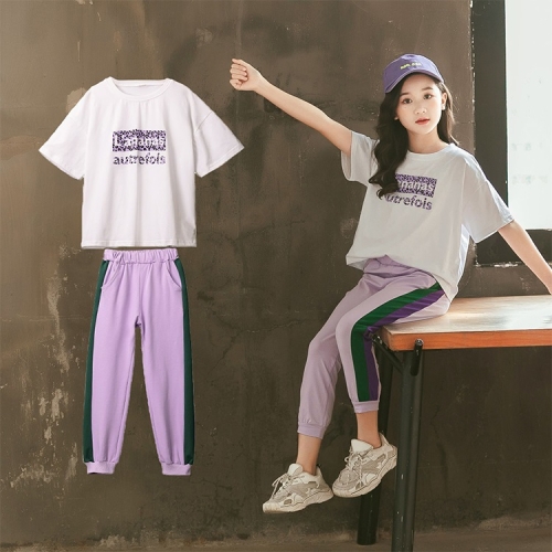 

Girls Short-sleeved Blouse + Two-piece Casual Trousers (Color:White Clothes And Purple Pants Size:110)