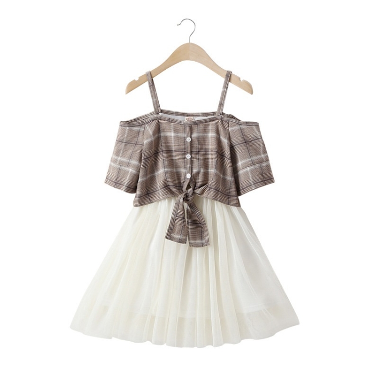 

Girls Cotton Sling Plaid Short-sleeved Dress (Color:Khaki Size:110)