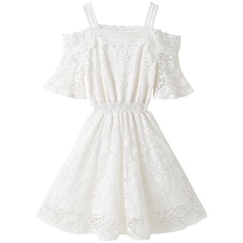 

Girls Lace Sling Short Sleeve Dress (Color:White Size:110)