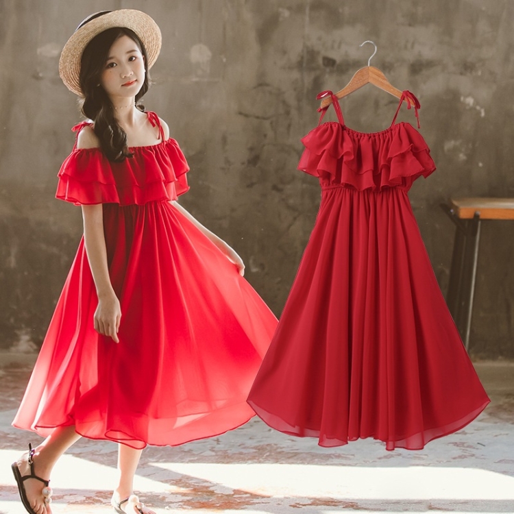 

Girls Chiffon Sling Beach Skirt (Color:Red Size:110)