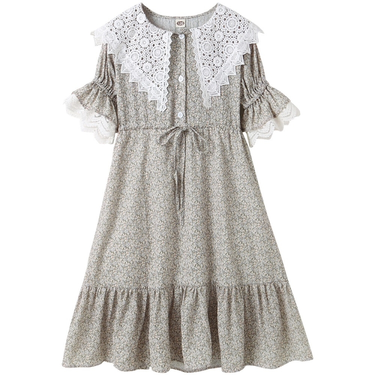 

Girls Floral Lace Short Sleeve Dress (Color:Gray Size:110)