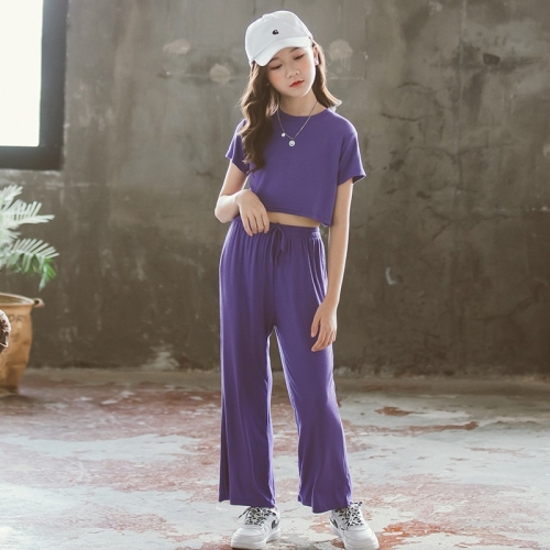 

Girls Crop Top + Wide Leg Pants Two-piece Suit (Color:Purple Size:110)