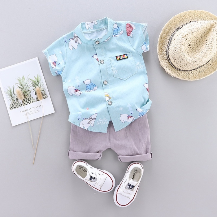 

Summer Kids Leather Label Bear Shirt Short Sleeve Two-piece Suit (Color:Light Blue Size:80)
