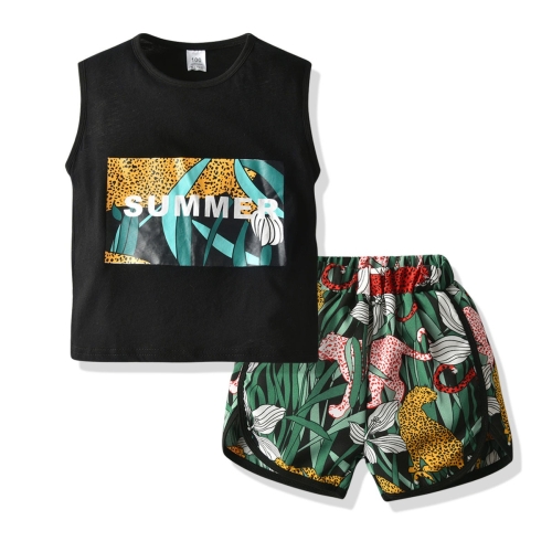 

Boys Leopard Print Sleeveless + Shorts Two-piece Set (Color:Black Size:90)