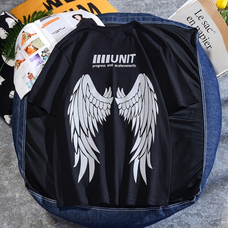 

Wings Reflective Round Neck Short-sleeved Loose Printed Cotton T-shirt (Color:Black Size:L)