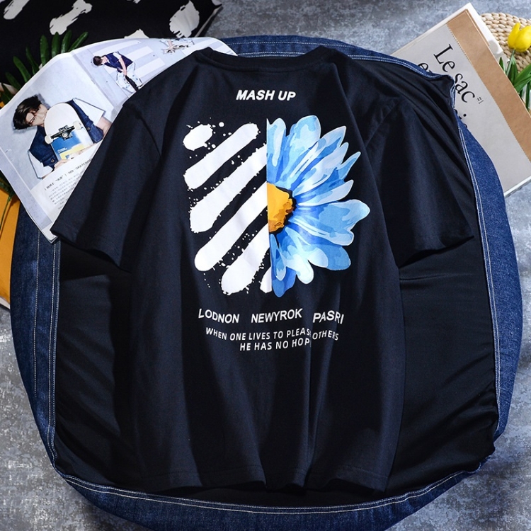 

Short Sleeve Loose Cotton Printed Round Neck T-shirt (Color:Black Size:XXXXXL)