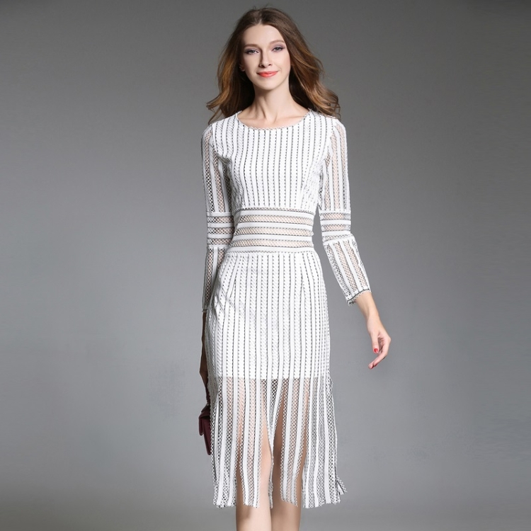 

Spring Slim Hollow Tassel Striped Dress Long Sleeve Lace A-line Dress for Ladies (Color:White Size:S)