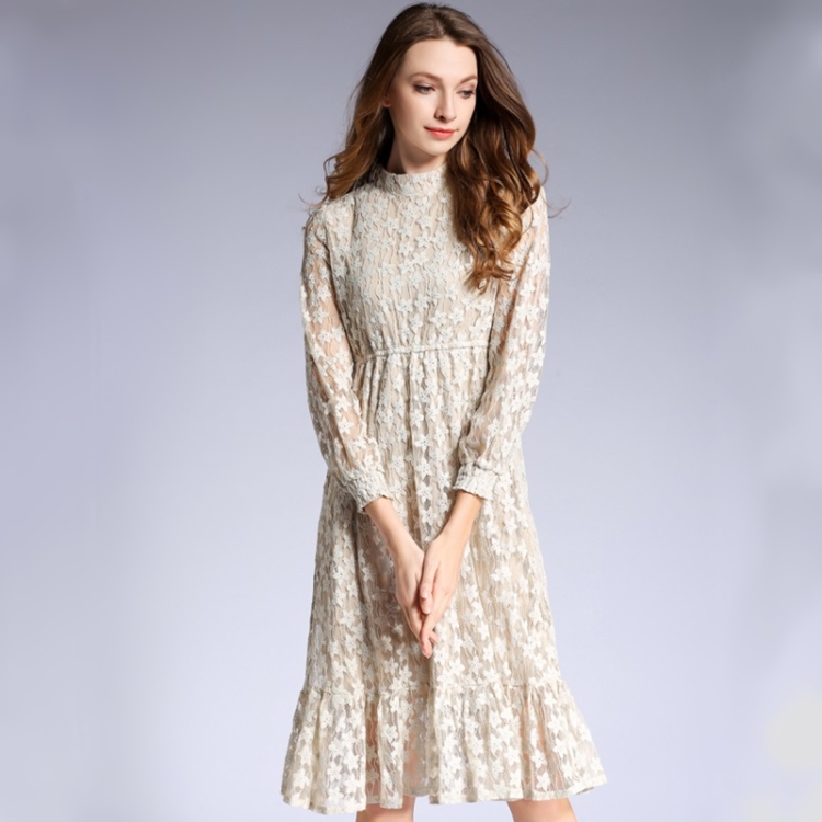 

Spring and Autumn Flower Pattern Long Sleeve Lace Dress Lantern Sleeve Flounce Rendering Skirt for Ladies (Color:Apricot Size:XL)