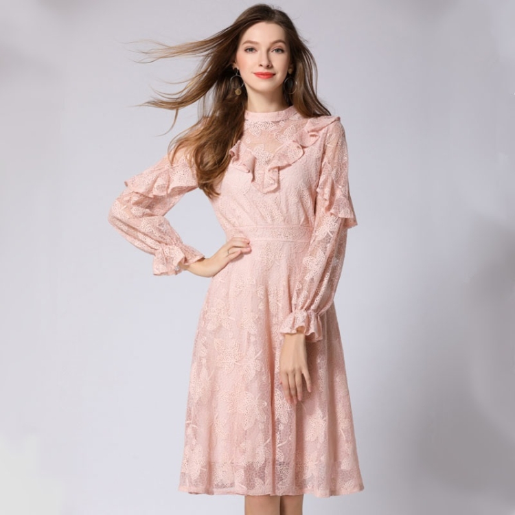 

Spring Stand Collar Hollow Embroidered Lace Dress Flounce Long Sleeve Mid-length Dress for Ladies (Color:Pink Size:XL)
