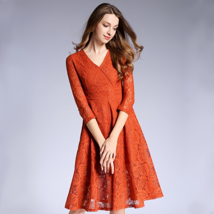 

Spring V-neck Mid-length Swing-skirted Long-sleeved Lace Dress for Ladies (Color:Caramel Color Size:XL)