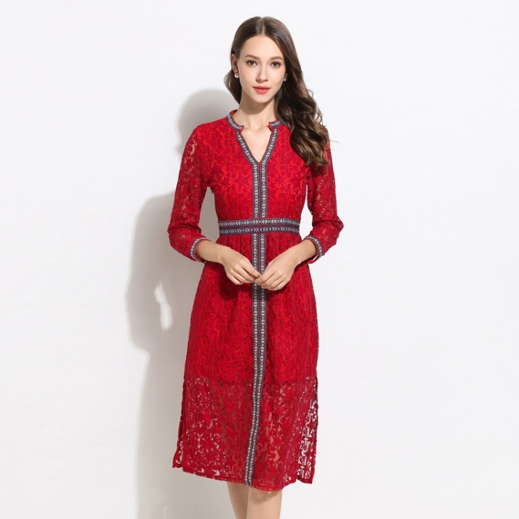 

Women Retro V-neck Lace Mid-length Dress (Color:Red Size:S)