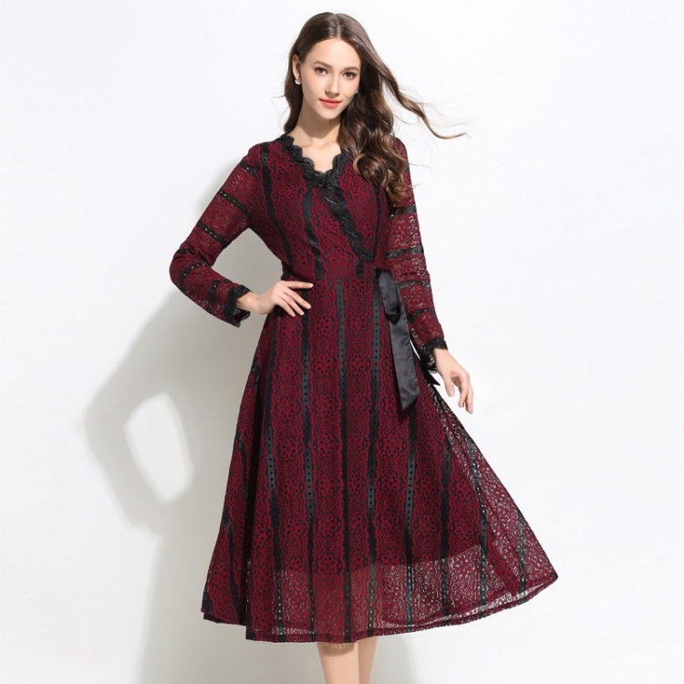 

Women Fashion V-neck Long Sleeve Lace Dress (Color:Wine Red Size:S)