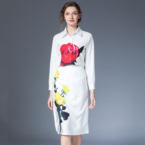 

Women Retro Peony Print Shirt Mid-length High Waist Sheath Skirt Two-piece Suit (Color:White Size:S)