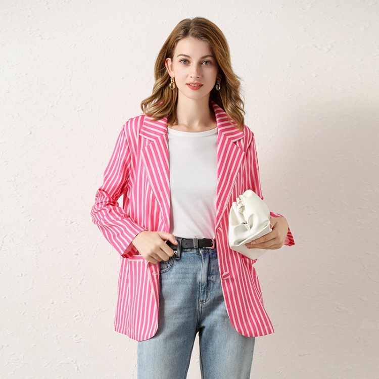 

Women Fashion Casual Loose Striped Blazer Coat (Color:Red Size:S)