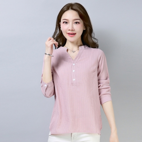 

Women Fashion Loose Long Sleeve Striped Shirt (Color:Pink Size:S)