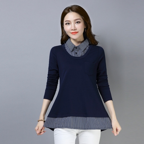 

Women Fashion Long Sleeve T-shirt Fake Two-piece Top (Color:Dark Blue Size:M)