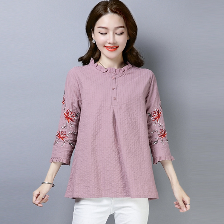 

Women Casual Lotus Leaf Collar Cotton Linen Embroidery Nine-quarter Sleeve Shirt (Color:Pink Size:M)