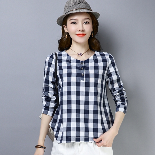 

Women Loose Plaid Long Sleeve Shirt (Color:Blue Size:M)