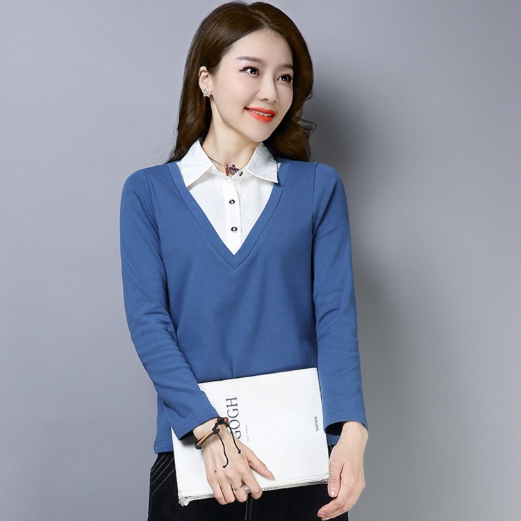 

Women V-neck Fake Two-piece Long Sleeve T-shirt Top (Color:Blue Size:M)