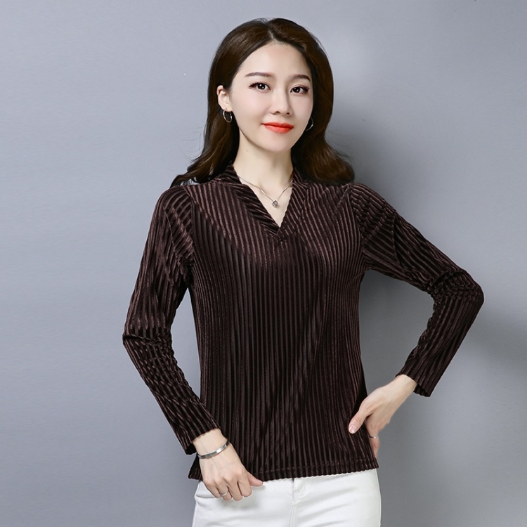 

Spring Solid Color Vertical Stripes Gold Velvet V-neck Long-sleeved T-shirt for Women (Color:Dark Coffee Size:M)