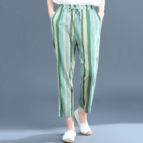 

Spring Vertical Stripes Loose Ankle-length Pants Harem Pants Thin Casual Pants for Women (Color:Green and Yellow Stripes Size:M)