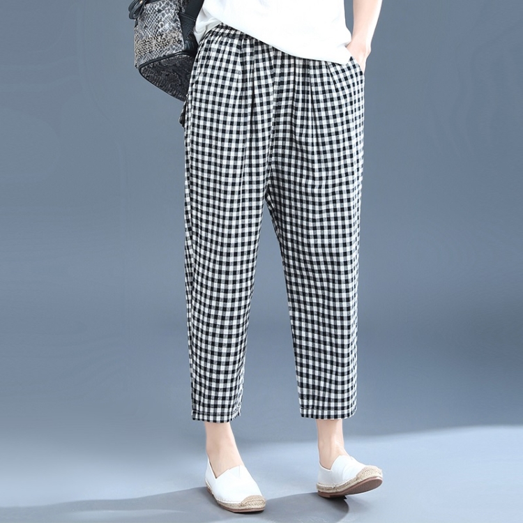 

Spring Plaid Loose Ankle-length Pants High Waist Harlan Slim-fit Pants Thin Casual Pants for Ladies (Color:Black White Size:M)