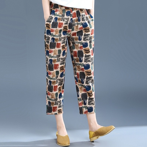 

Spring Printed Pattern Loose Ankle-length Pants Harem Pants Thin Casual Pants for Women (Color:Square Size:M)