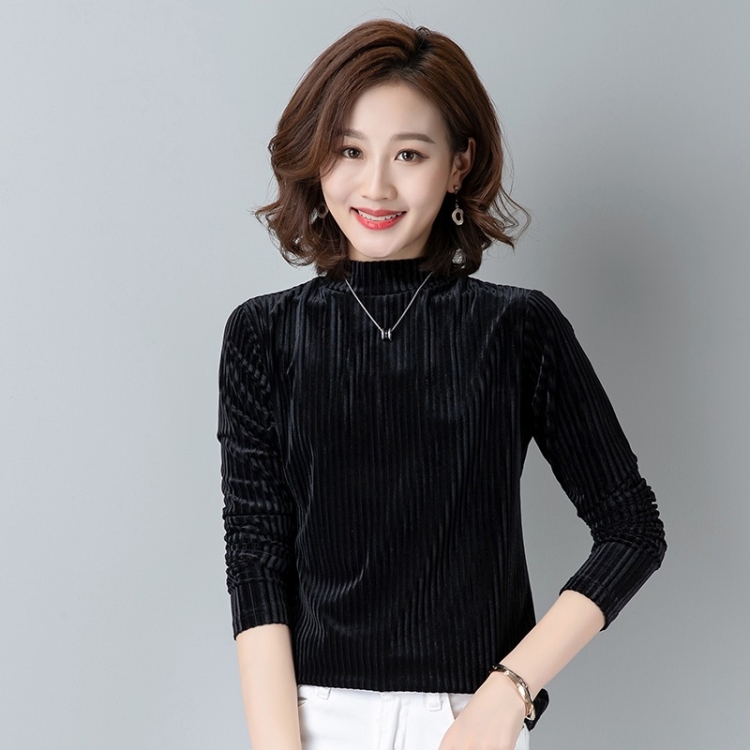 

春季女士纯色竖条纹金丝绒半高领长袖T恤 (Color:Black Size:M)