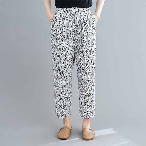 

Spring Floral Pattern Loose Ankle-length Pants Harlan Pants Thin Casual Pants for Ladies (Color:Black Size:M)