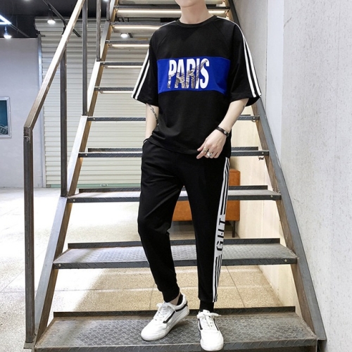 

2 in 1 Summer Cotton Loose Letter Print Round Neck T-shirt + Pants Sports Suit for Men (Color:Black Size:S)