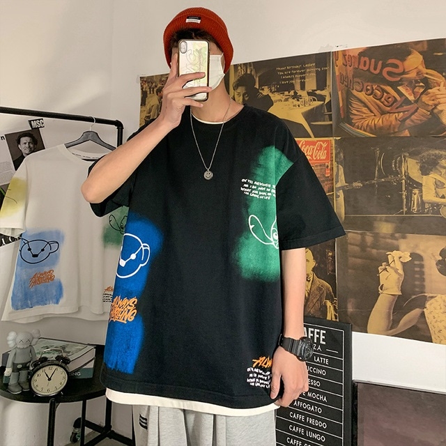 

Summer Round Neck Loose Short Sleeve T-shirt for Men (Color:T28 Black Size:M)