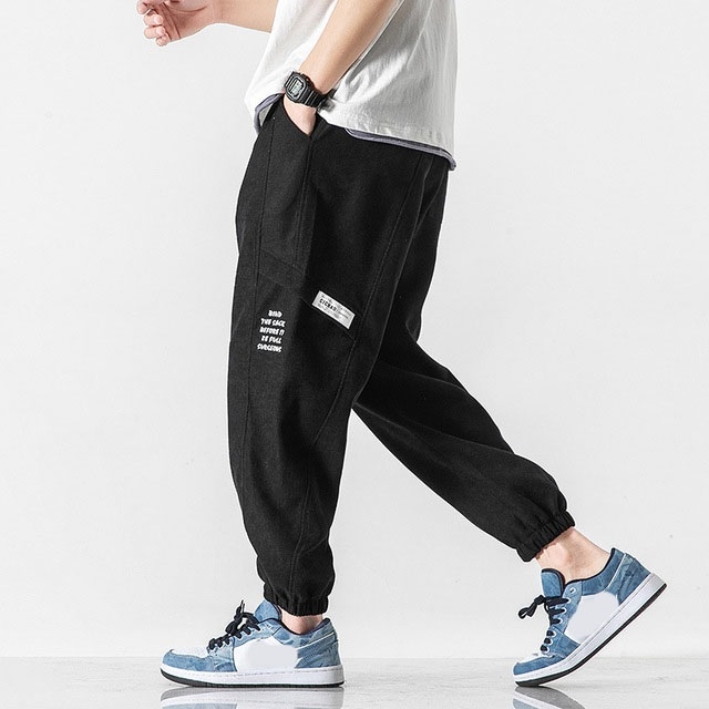 

Spring and Autumn Letter Printed Pattern Loose Cargo Pants Ankle-tied Sports Pants Casual Trousers for Men (Color:Black Size:M)