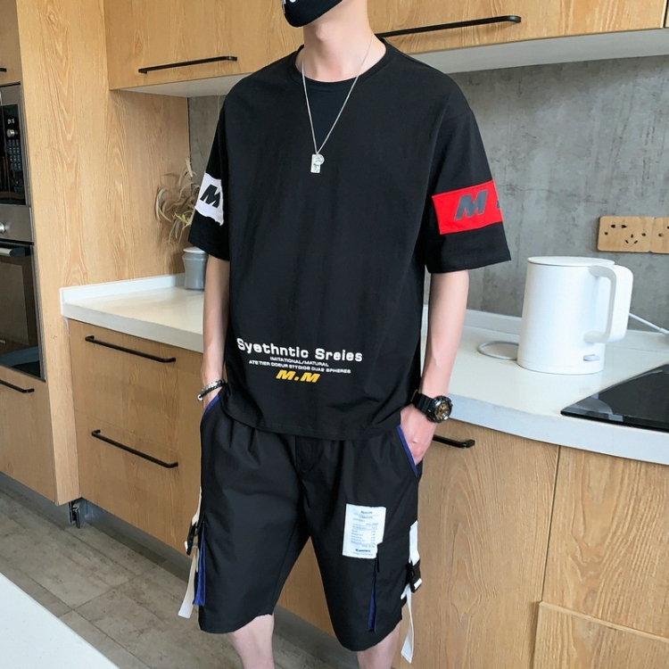 

2 in 1 Summer Casual Cotton Letter Pattern Short Sleeve T-shirt + Shorts Set for Men (Color:Black Size:M)