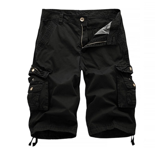 

Summer Multi-pocket Solid Color Loose Casual Cargo Shorts for Men (Color:Black Size:30)