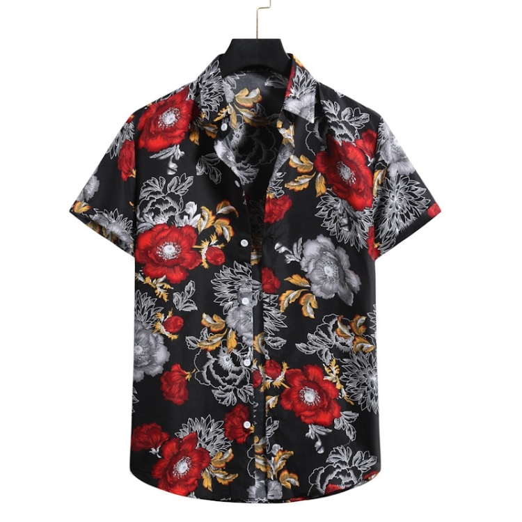 

Summer Casual Chelsea Collar Flower Print Pattern Short-sleeved Shirt for Men (Color:Black Size:S)