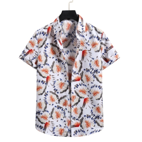 

Summer Casual Chelsea Collar Feather Print Pattern Short-sleeved Shirt for Men (Color:As The Show Size:S)