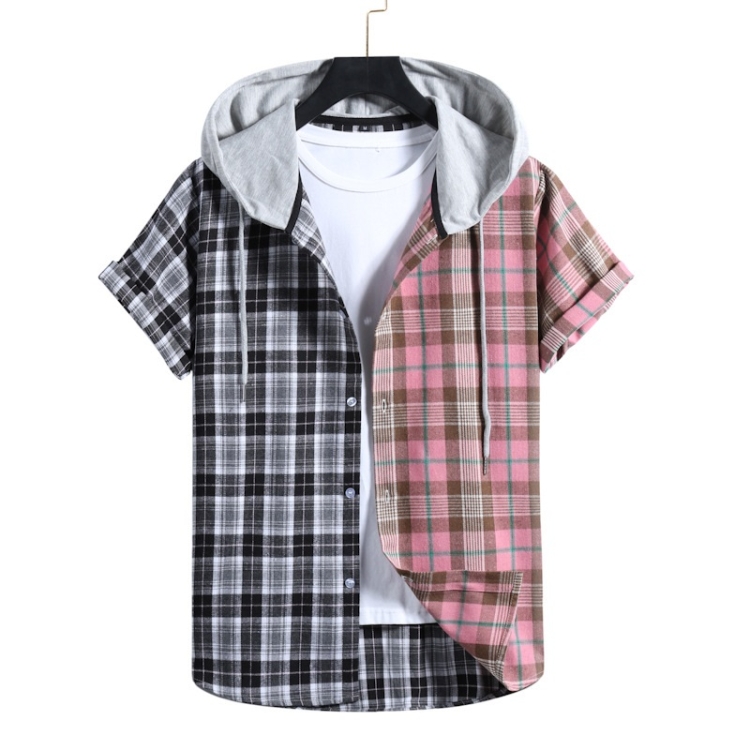 

Summer Color Matching Loose Casual Cardigan Hooded Plaid Short-sleeved Shirt for Men (Color:As The Show Size:S)
