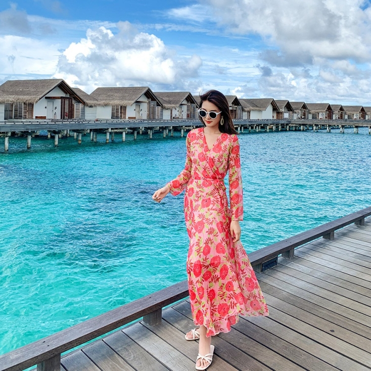 

Beach Vacation Long Sleeve Beach Dress V-neck Printed Chiffon Dress (Color:Pink Size:S)