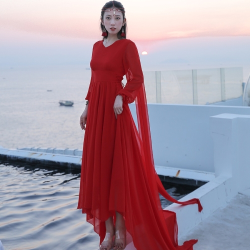 

V-neck Retro Trailing Long-sleeved Elegant Beachside Holiday Dress (Color:Red Size:S)