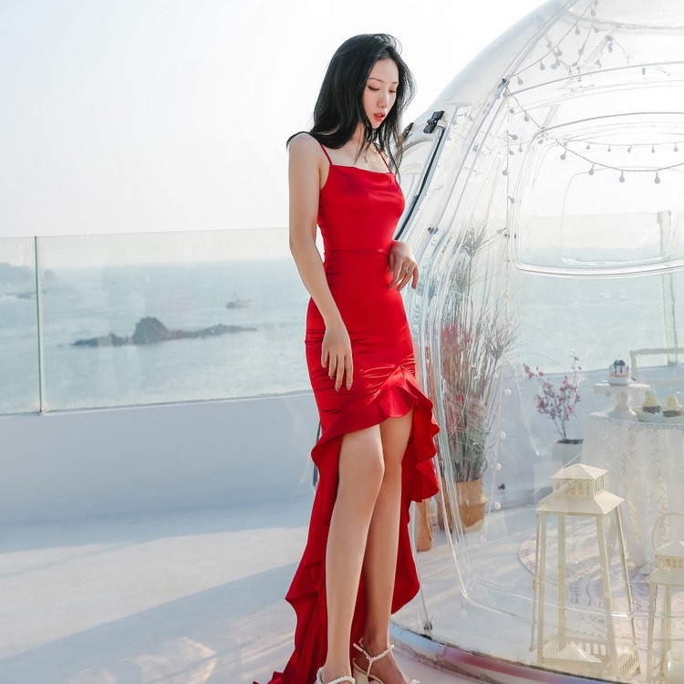 

Sexy Satin Split Ears Sling Dress (Color:Red Size:S)