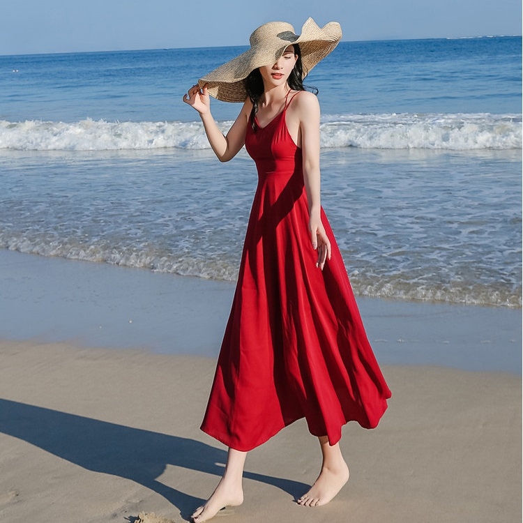 

Sexy Backless V-neck Slim Beach Dress With Straps (Color:Red Size:M)