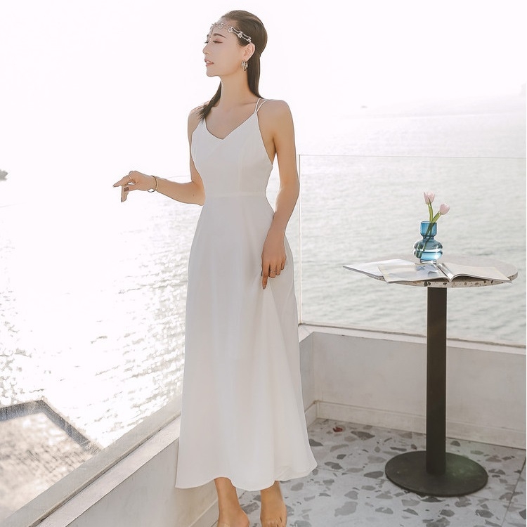 

Sexy Backless V-neck Slim Beach Dress With Straps (Color:White Size:M)