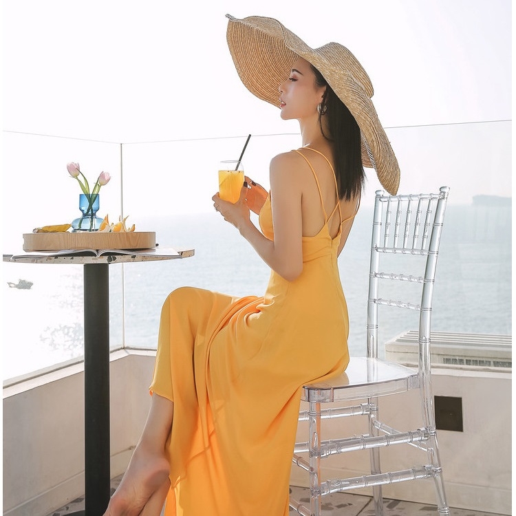 

Sexy Backless V-neck Slim Beach Dress With Straps (Color:Yellow Size:M)