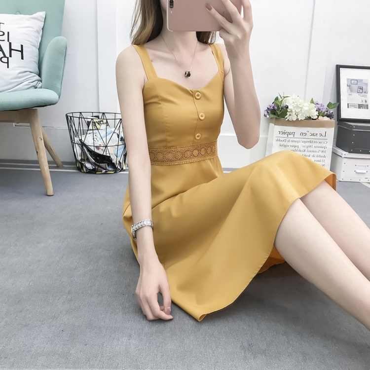 

Retro High Waist Slim Knee-length Sling Dress (Color:Yellow Size:M)