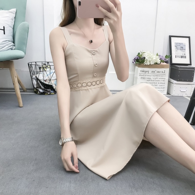 

Retro High Waist Slim Knee-length Sling Dress (Color:Apricot Size:M)