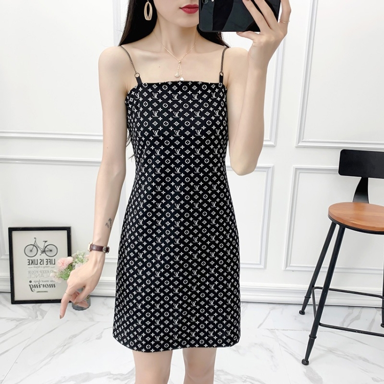 

Off-shoulder Bag Hip Print Suspender Dress (Color:Black Size:L)