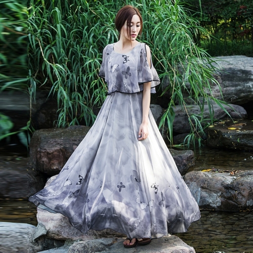 

Chiffon Retro Print Slim Long Dress (Color:Gray Size:S)