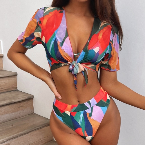 

3 in 1 Square Print Bikini Ladies Split Swimsuit Set with Short Top (Color:Red Size:L)