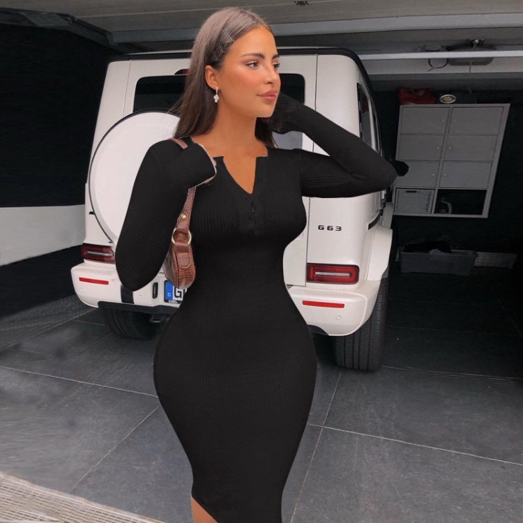 

Ladies V-neck Button Lo Texture Long Sleeve Dress (Color:Black Size:S)